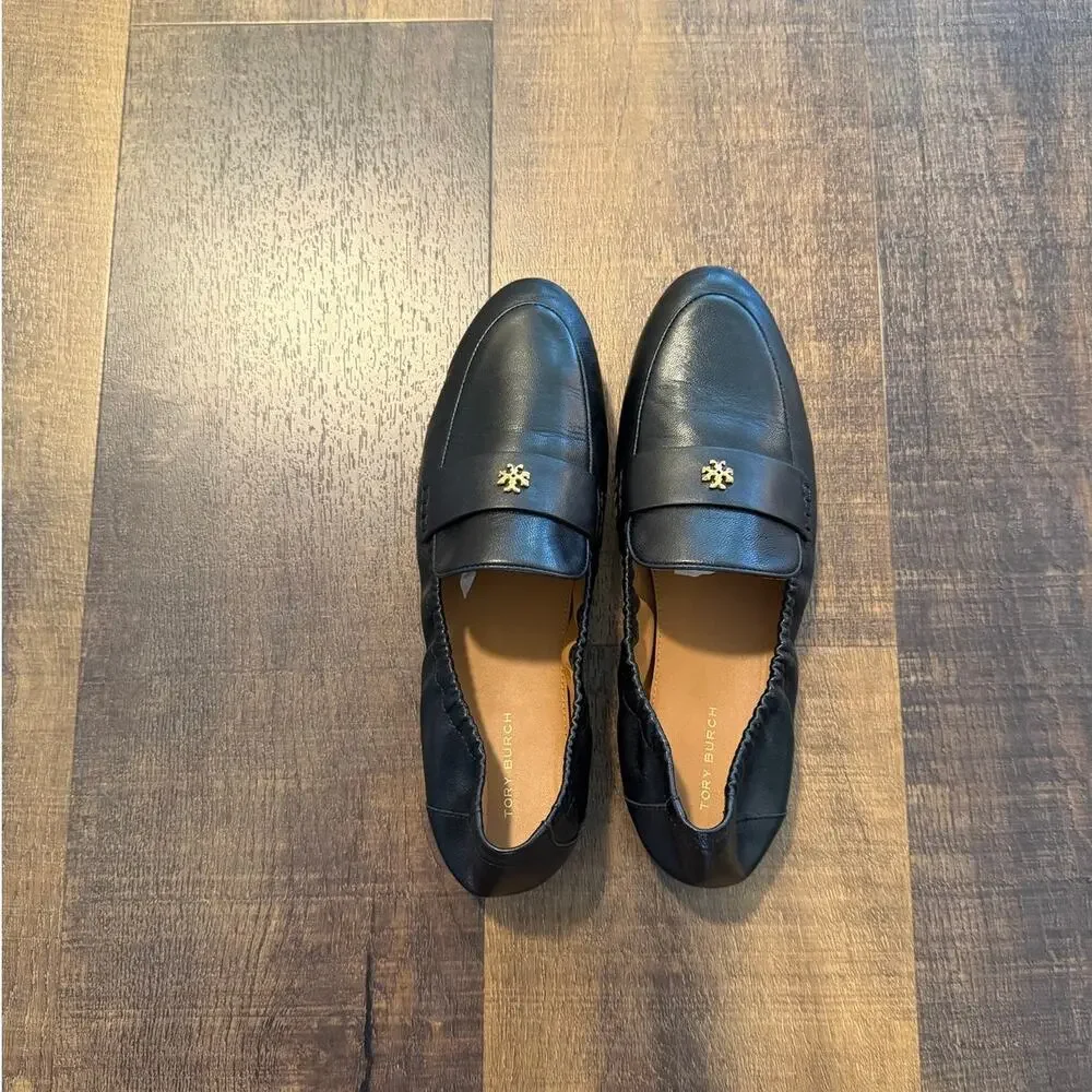 Tory Burch Black Leather Loafers Women's 7.5M Gold Logo Flats